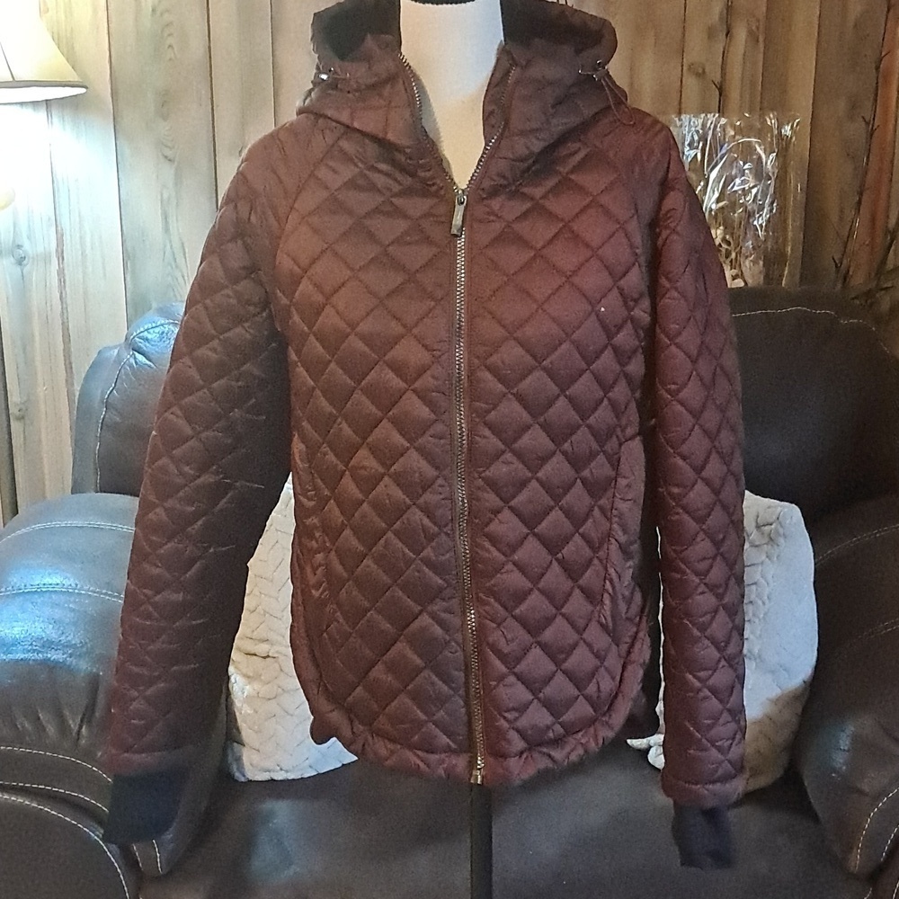 BCBGMaxAzria Quilted Zip Front Coat with Hood Size Medium Raisin Metallic